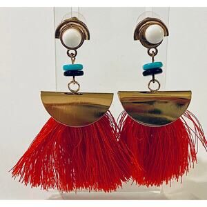 Beaded Gold & Red Tassel Earrings